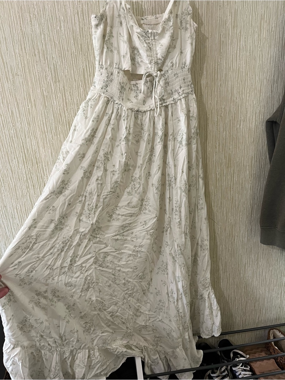 White Floral Smocked Waist Maxi Dress